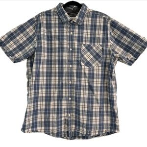 Hurley Men's short sleeve button up shirt plaid blue, white, peach